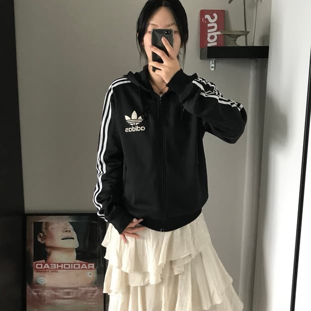 아디다스 트레포일 블랙 후드 트랙탑 져지