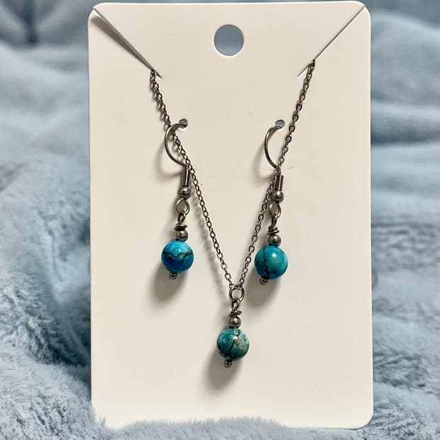 (핸드메이드) 천연 아프리카 터키석 귀걸이 목걸이 세트