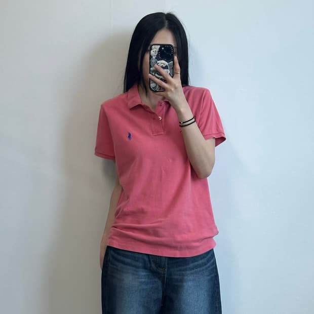 폴로 랄프로렌 자수로고 핑크 피케 반팔 카라 티셔츠