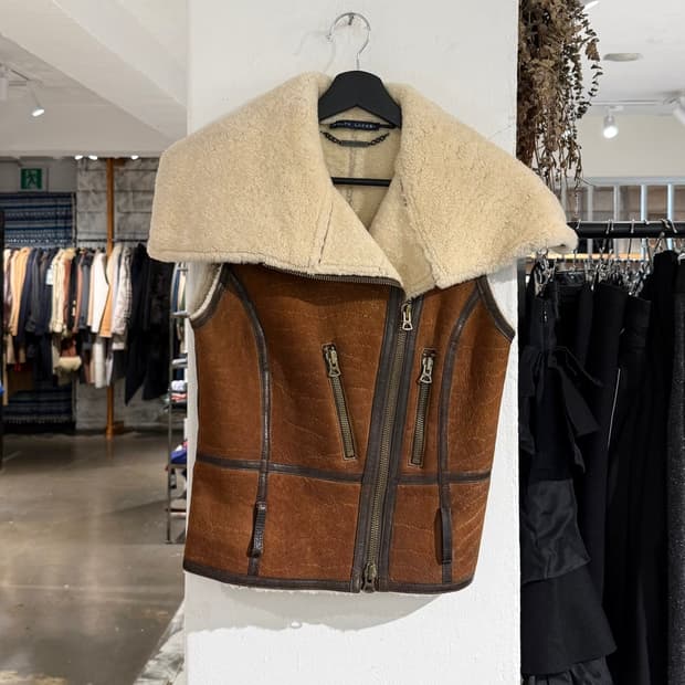 랄프 로렌 브라운 램 시어링 카우 레더 무스탕 베스트