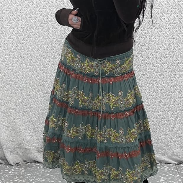 빈티지 보헤미안 모리 페이즐리 패턴 미디 롱스커트 33인치 C07950