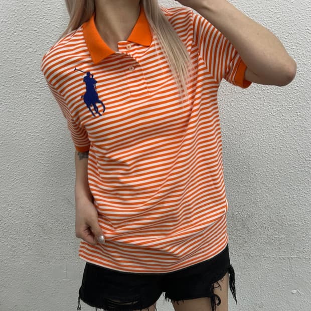 폴로 랄프로렌 블루 빅포니 오렌지 단가라 pk 반팔 XL