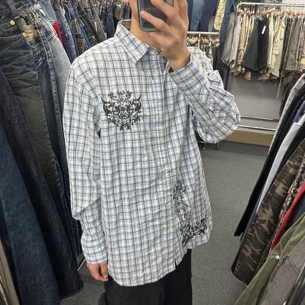 XL) ECKO UNLTD 빈티지 프린팅 오버핏 체크셔츠