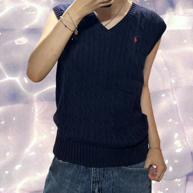 폴로 랄프로렌 케이블 꽈배기 니트조끼 베스트 네이비  
