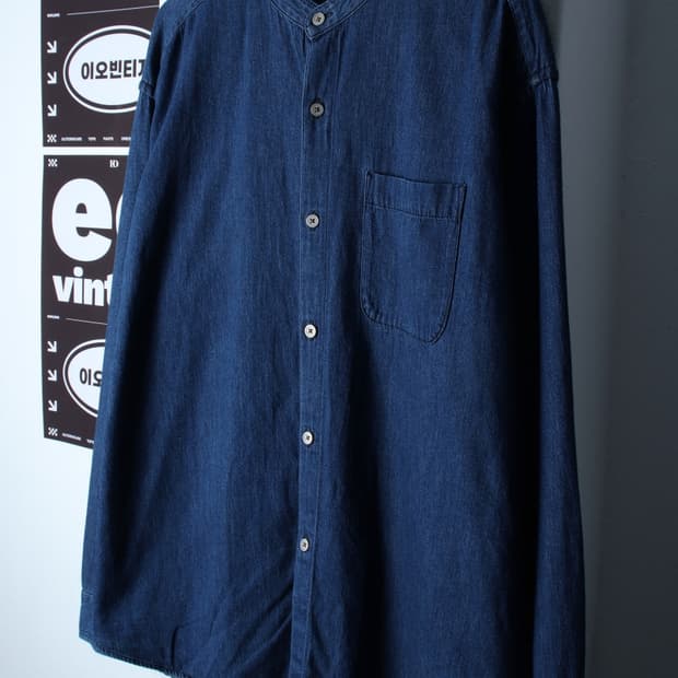 (XL-2XL) 유니클로 셔츠 남방 차이나넥 데님 청 무지-H32004