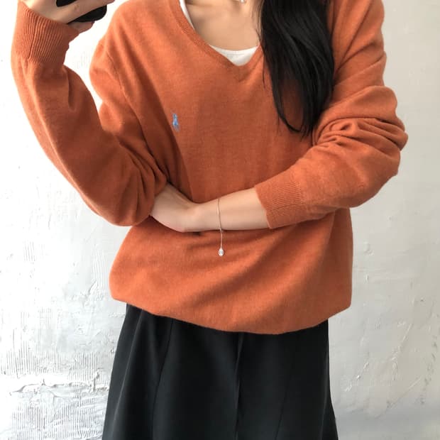 Polo 폴로 랄프로렌 살구오렌지컬러 울 브이넥 니트