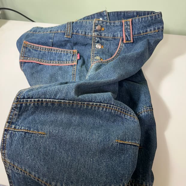 L-XL 에드윈503 와이드핏 중청워시드 사이드버튼 데님팬츠