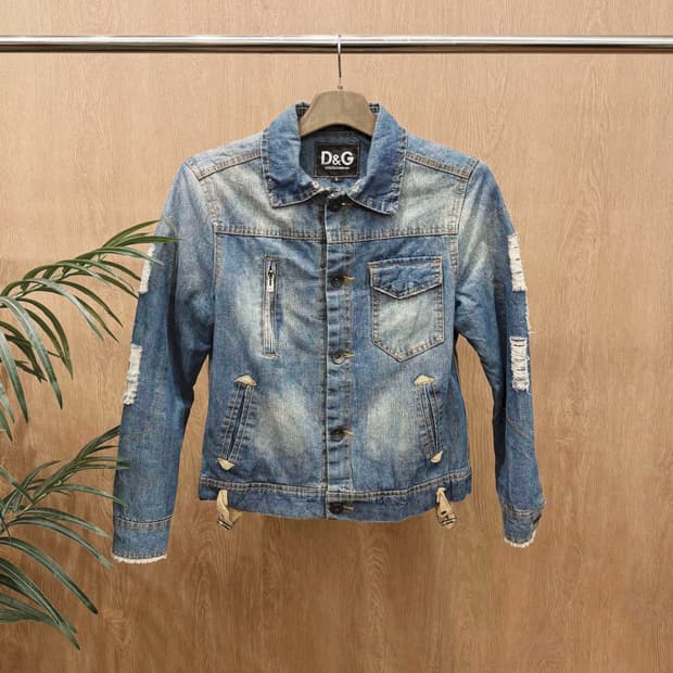 돌체앤가바나 데님 자켓 디스트로이드 포켓 버클 디테일 블루