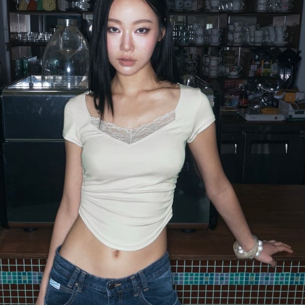 플리즈노팔로우 플노팔 Vera Lace Shirring Top(민트)
