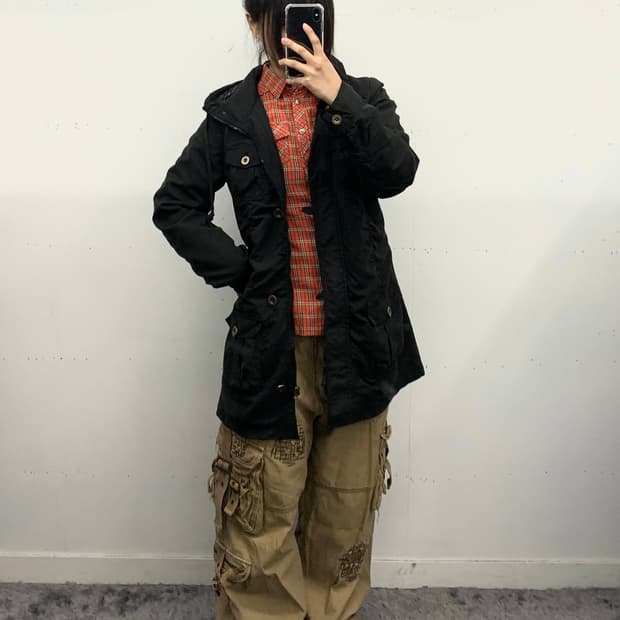 블랙 밀리터리 미디 자켓