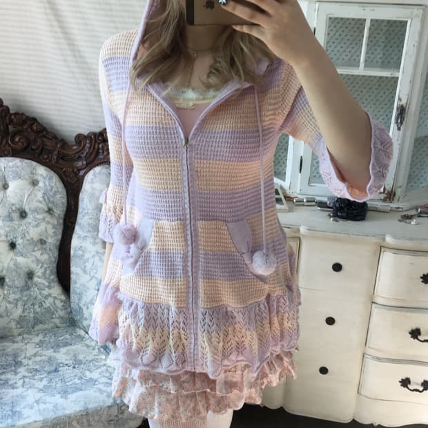 일본빈티지 히메 갸루 리본 프릴 후드집업