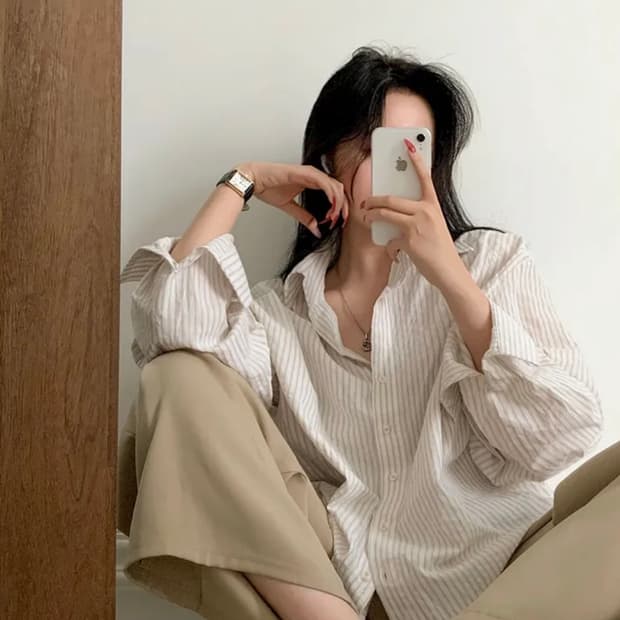 베이델리 허니 오버핏 스트라이프 셔츠 베이지