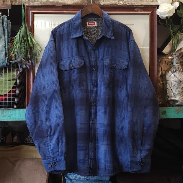 00s 랭글러 웨스턴 셔츠 플란넬 체크셔츠 쉐르파 양털 자켓 블루 L