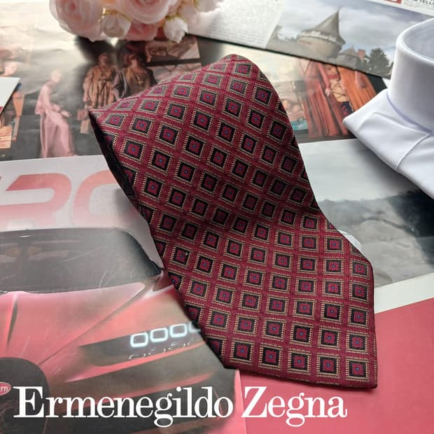 제냐 실크 버건디 다이아몬드 패턴 넥타이 9.2cm B등급 A18543
