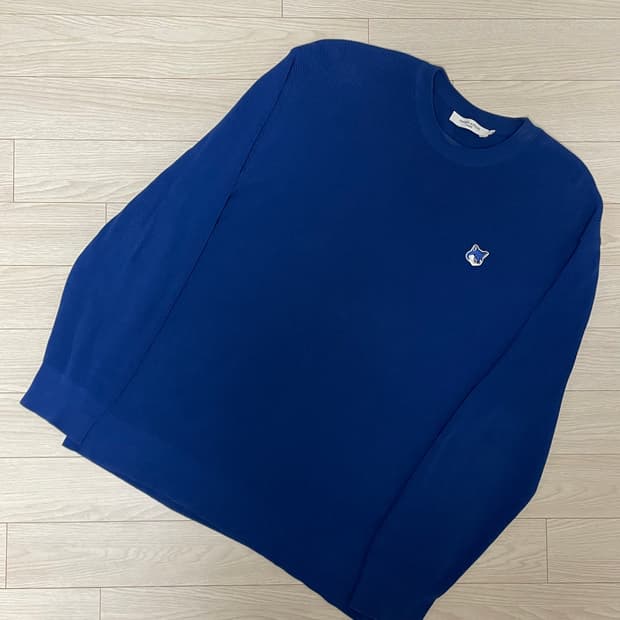 [ L ] 정품 메종키츠네 로고 패치 니트 스웨터 블루