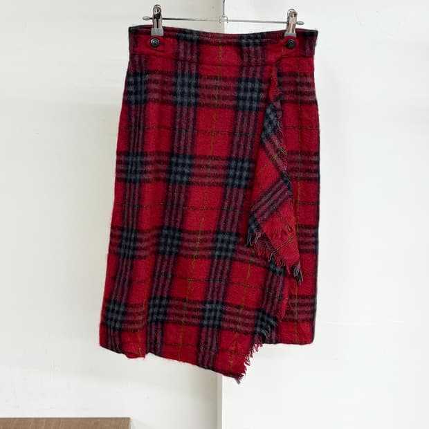 막스마라 레드 플레이드 체크 랩 미디 스커트