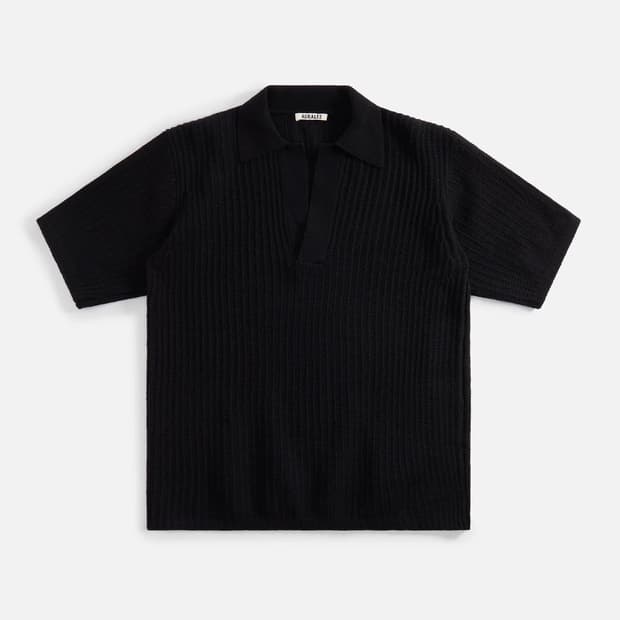 Auralee Wool Rib Knit Skipper Polo Black