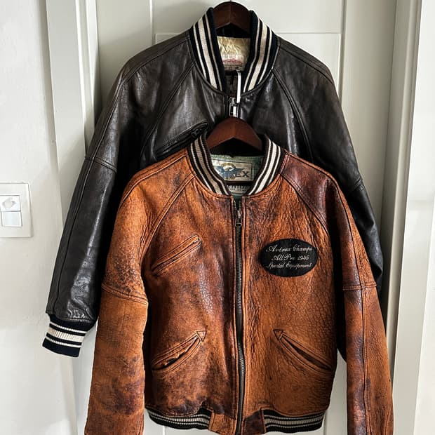 90s Avirex 아비렉스 레더 바시티 자켓 브라운