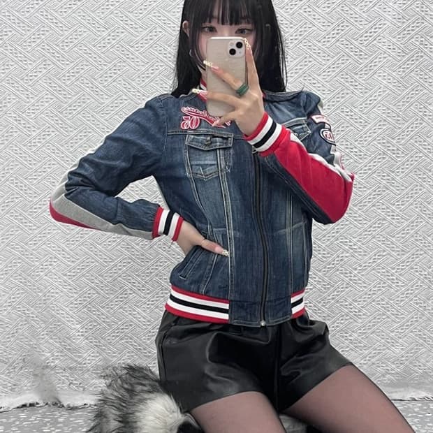 푸부 올드스쿨 Y2K 데님 패치 바이커 스웻 바시티자켓 M C09652