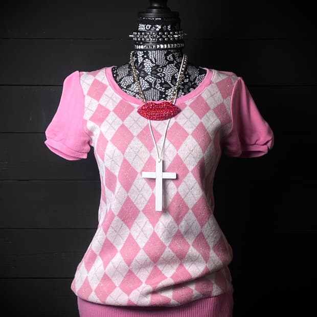 JPN 아가일 패턴 핑크 니트 반팔티셔츠