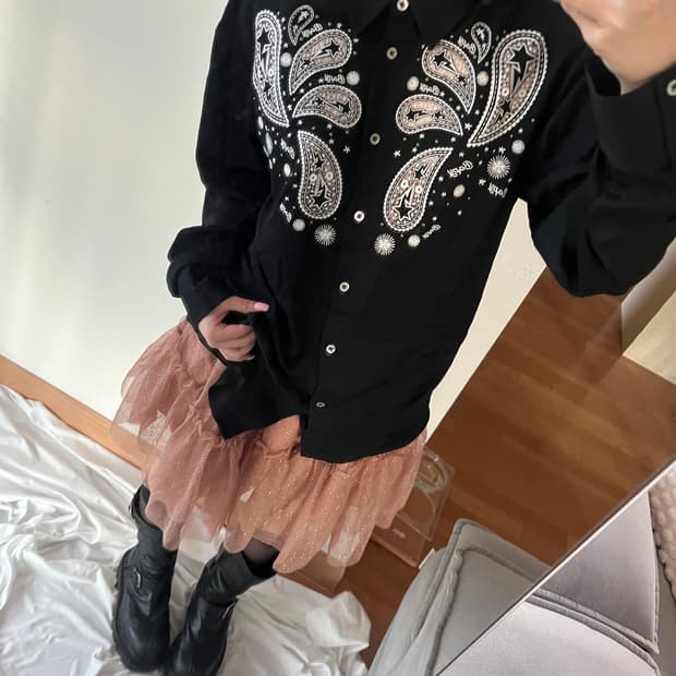 베이프 스타 자수 페이즐리 스터드 큐빅 오버사이즈 셔츠