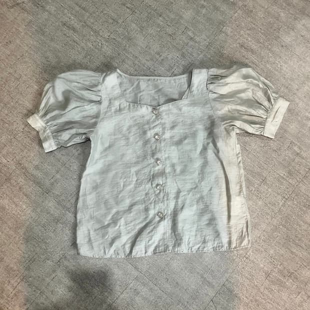 일본빈티지 핀터깔 페어리달천깔 오리엔탈단추 퍼프 반팔블라우스