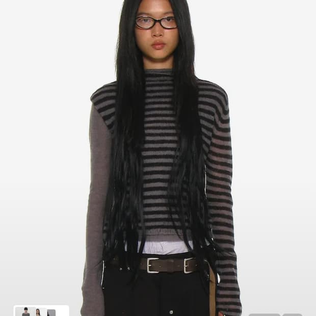 파르티멘토우먼 더블 레이어드 모크넥 니트 탑_블랙 스트라이프