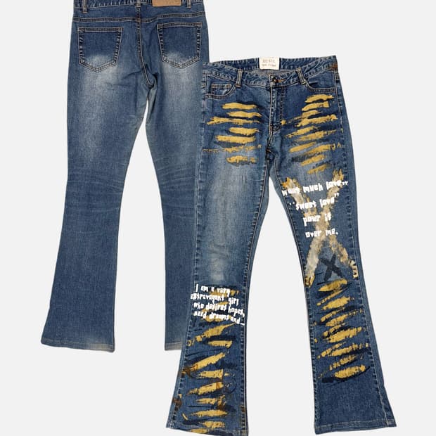 grunge painting low-rise boot-cut jean