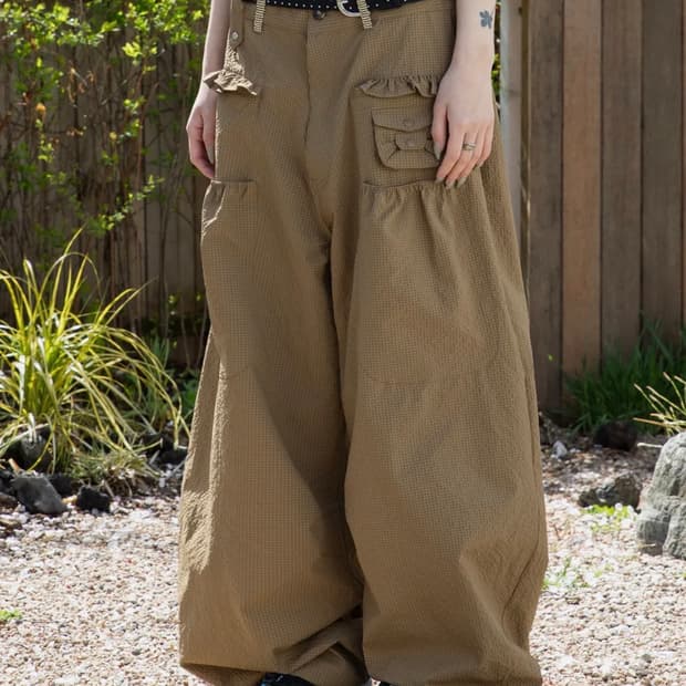 루나키후 사키 프릴 시어서커 와이드 팬츠