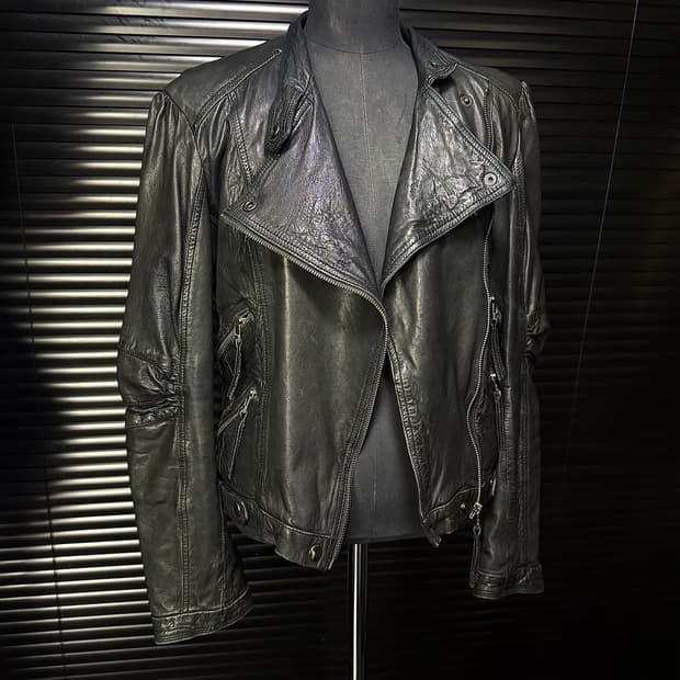 자라 우먼 양가죽 레더 바이커 라이더 자켓 지퍼 하이넥 락시크 펑크 갸루