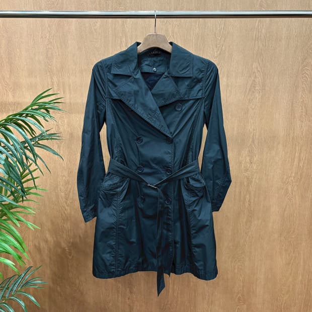 DKNY 트렌치 코트 더블브레스트 소매 스트랩 버클 벨트 디테일 네이비