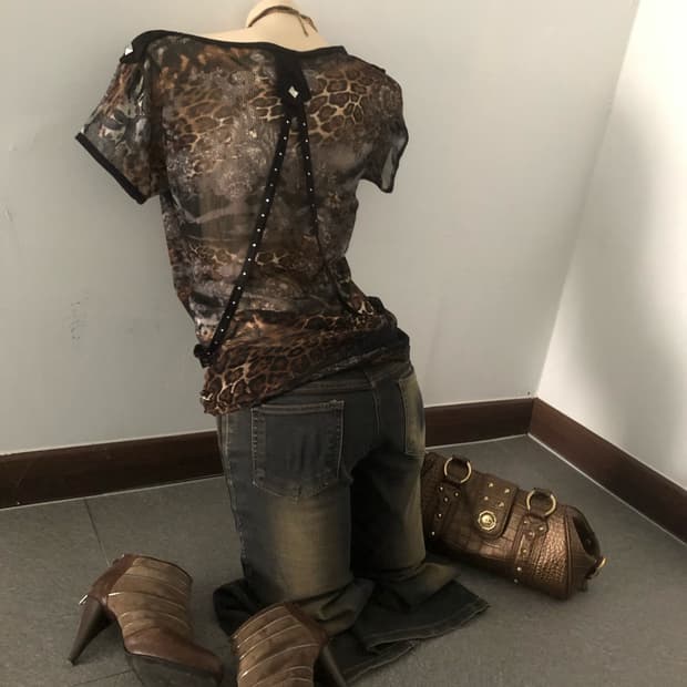 leopard harness detail mesh top