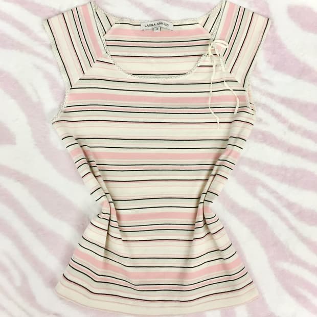 민트 핑크 스트라이프 리본 민소매 반팔 티셔츠 줄무늬 청순 갸루 모리걸