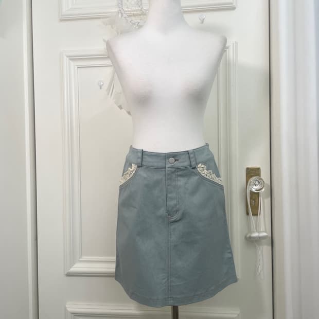 mint denim lace point midi skirt