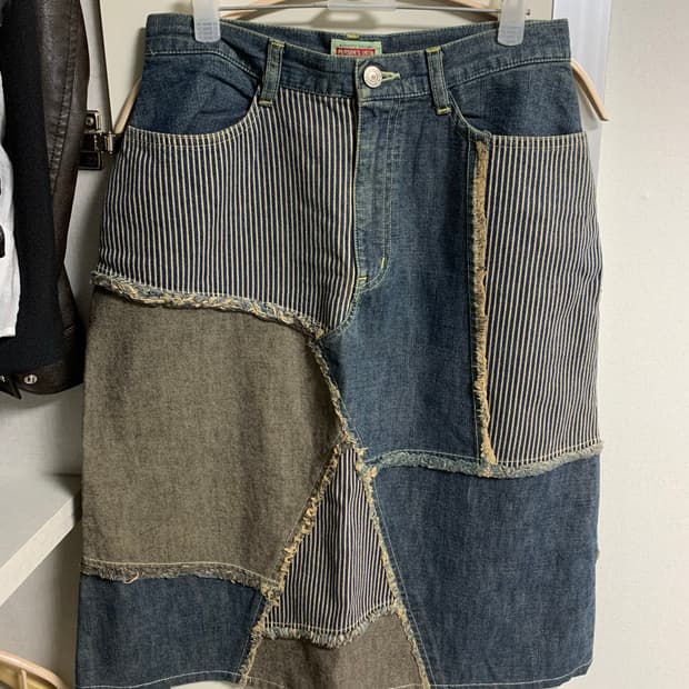 빈티지 데님 패치 미디 스커트