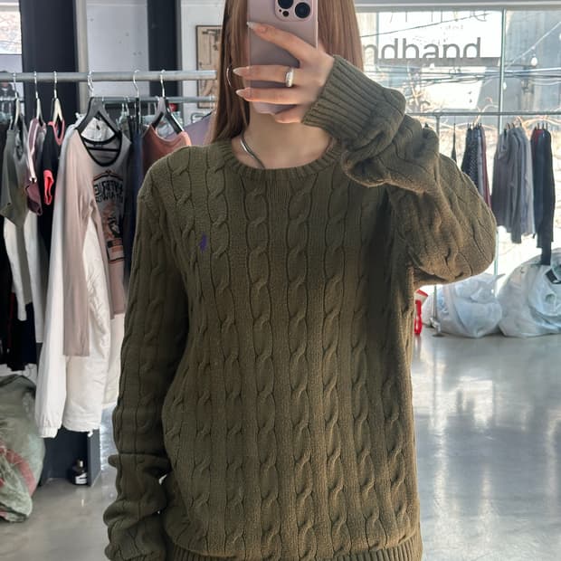 폴로랄프로렌 케이블 꽈배기 니트 올리브카키