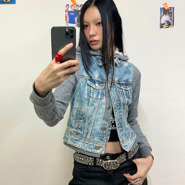 Grey hoodie denim cropped jacket 