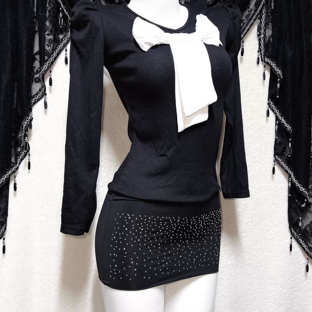 로맨틱고딕 고스 오네갸루 히메 왕리본 퍼프숄더 미니원피스 섹시 연말 파티