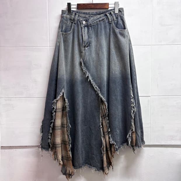 데님 패치워크 데미지 그런지 히피 롱 스커트 JPN