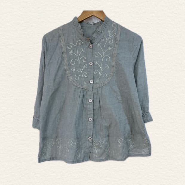 빈티지 모리걸 하구미깔 민트 자수 블라우스