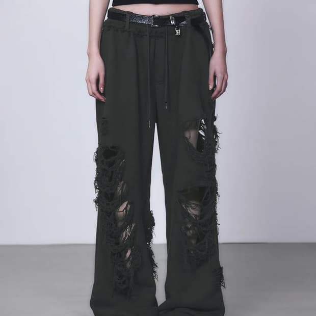 트리밍버드 스크래치 데미지 와이드 스웻 팬츠 차콜