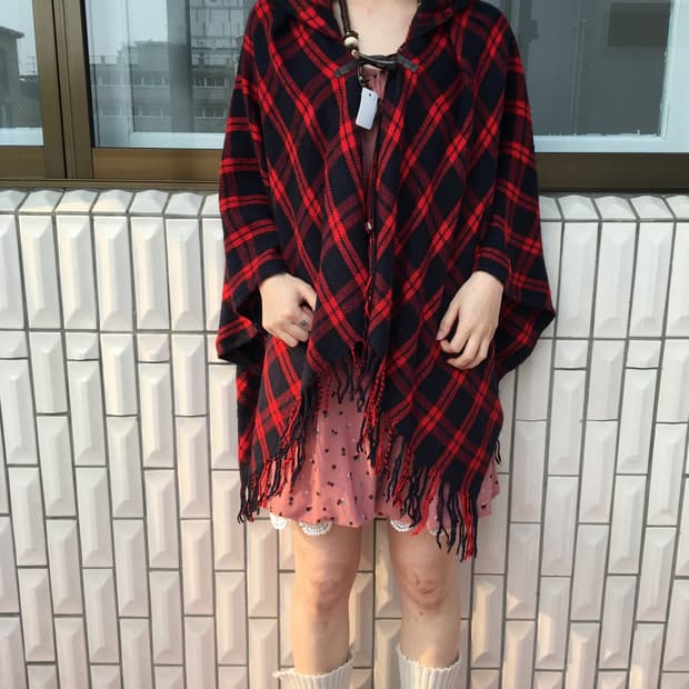 Check pattern hood knit cape