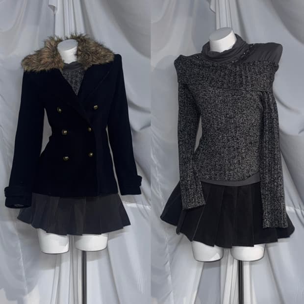 엑시즈팜 빈티지 그레이 무채색 오픈숄더 레이어드 오네갸루 코디세트