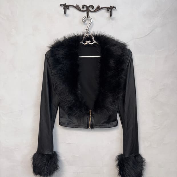Black eco leather fur detail crop jacket