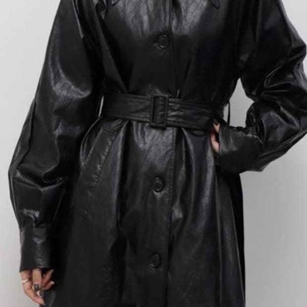 트리밍버드 롱 레더 트렌치 블랙