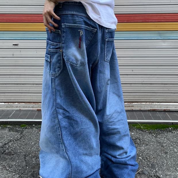 90s FUBU 올드스쿨 중청 워싱 힙합와이드팬츠