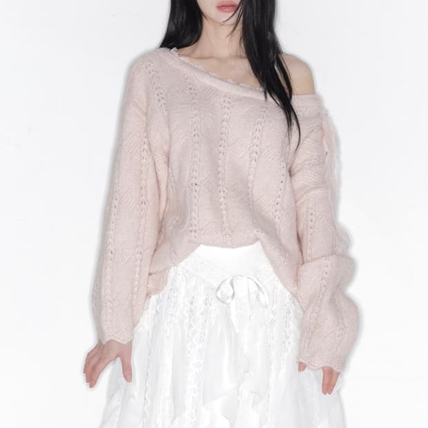더티스 소프트 베일 오프숄더 니트 핑크