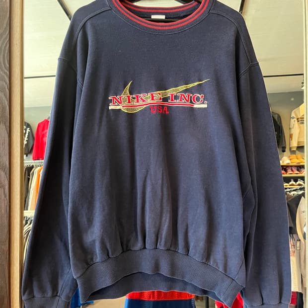 나이키 90s 피그먼트 네이비 골드 스우시로고 자수 레드 레터링 코튼 올