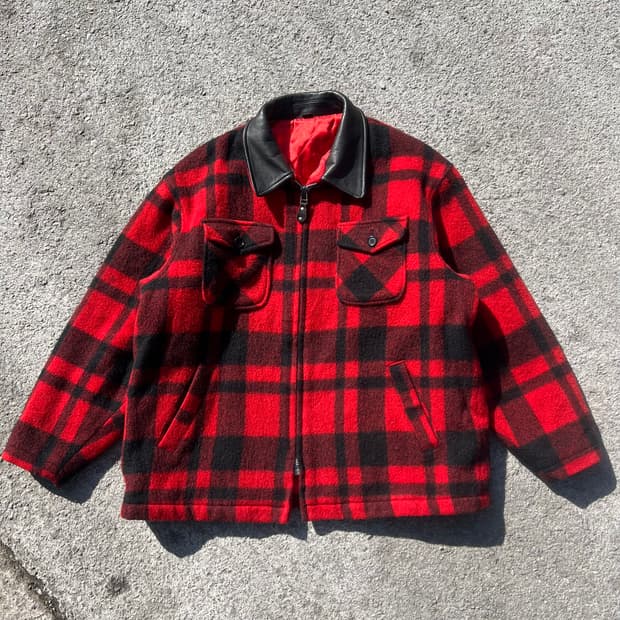 90’s 레더 칼라 울 체크 자켓
