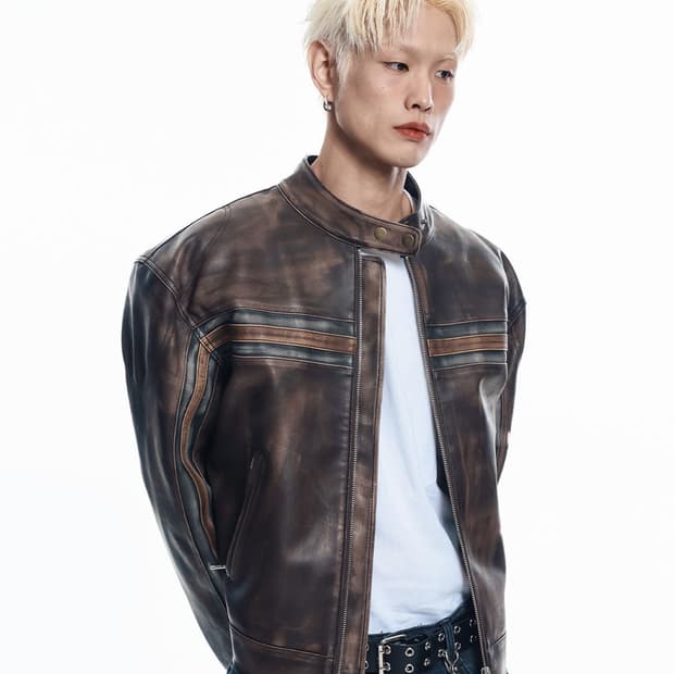 이지노이지 워시드 라인 레더 자켓 브라운 2